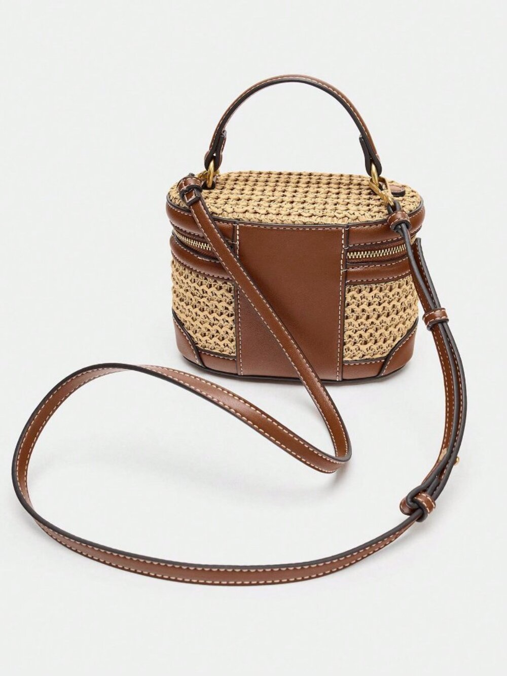 Khaki Vacation Women's Structured faux Leather trim & Woven Crossbody Handbag - Picture 6 of 8